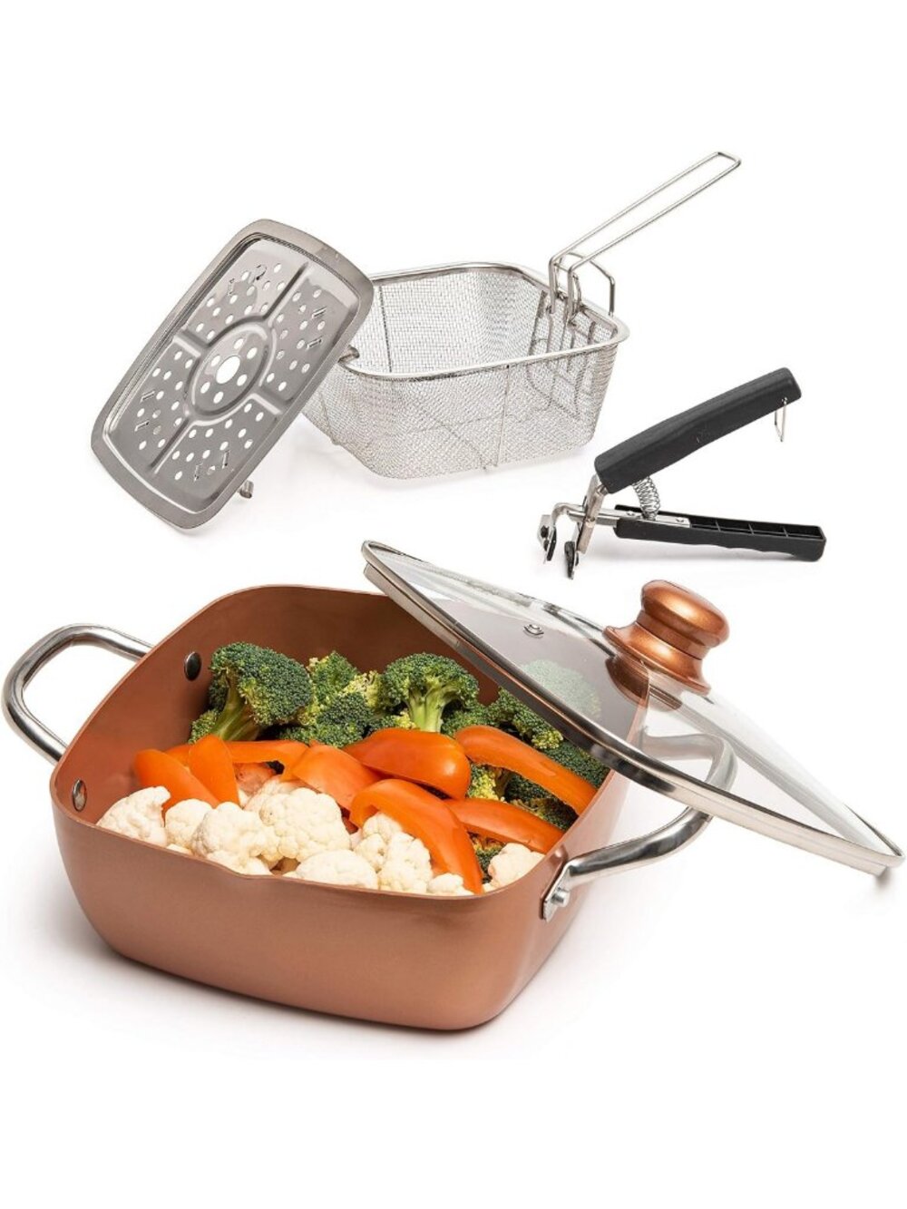 5-Piece Deep Fry Pan Set with Fry Basket, 5 Qt Copper Cookware for Easy Frying